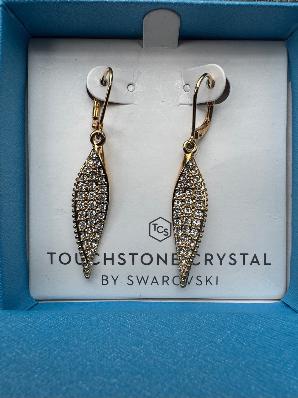 Touchstone Crystal by Swarovski Gold Tone Pave Crystal Drop Earrings‎ NIB